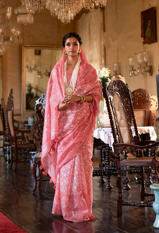 Pink Soft Mul Cotton Traditional Batik Print Zari Border Saree