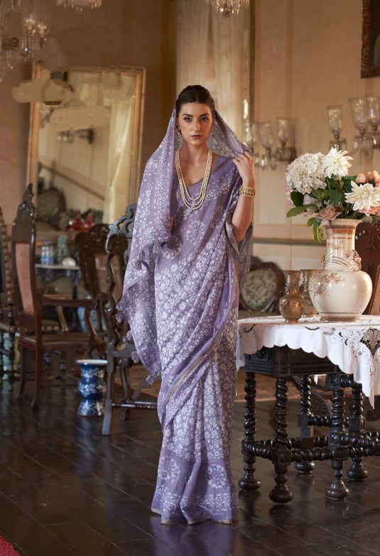 Lavender Soft Mul Cotton Traditional Batik Print Zari Border Saree