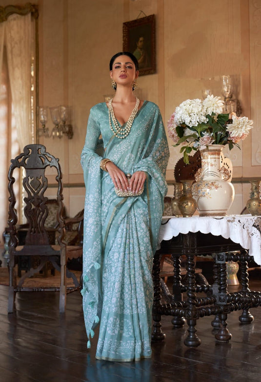 Sky Blue Soft Mul Cotton Traditional Batik Print Zari Border Saree