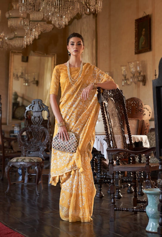 Mustard Yellow Soft Mul Cotton Traditional Batik Print Zari Border Saree