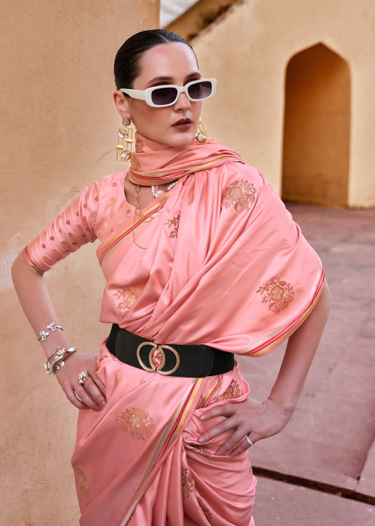 Pink Pure Satin With Copper Zari Weaving Designer Saree