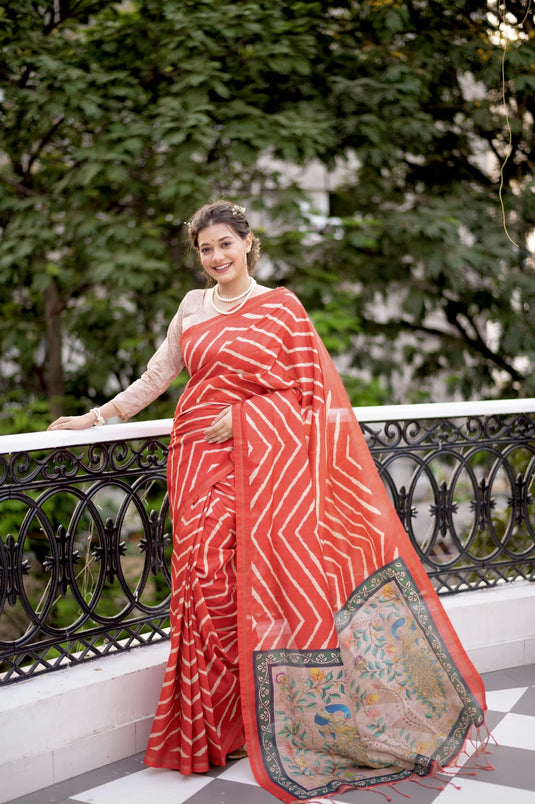 Red Elegant Tissue Silk Lehriya Printed Saree