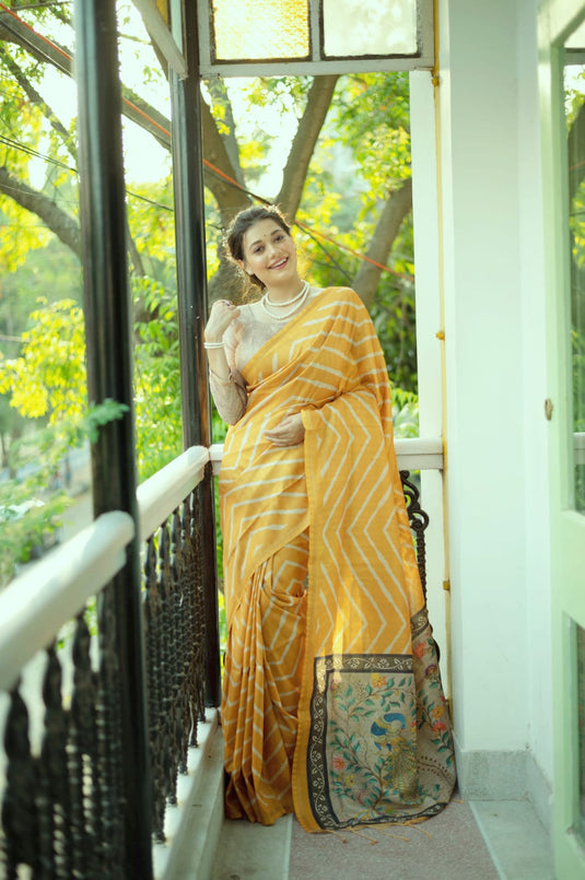 Yellow Elegant Tissue Silk Lehriya Printed Saree