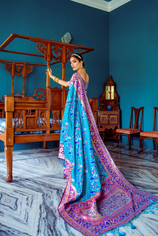 Sky Blue Banarasi Soft Silk Paithani Patola Zari Weaving Saree