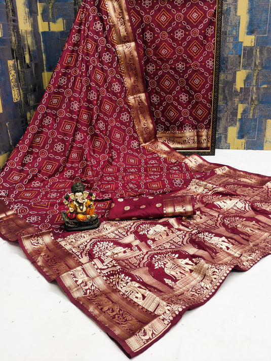 Maroon Premium Dola Silk Traditional Bandej Saree With Zari Weaving Border