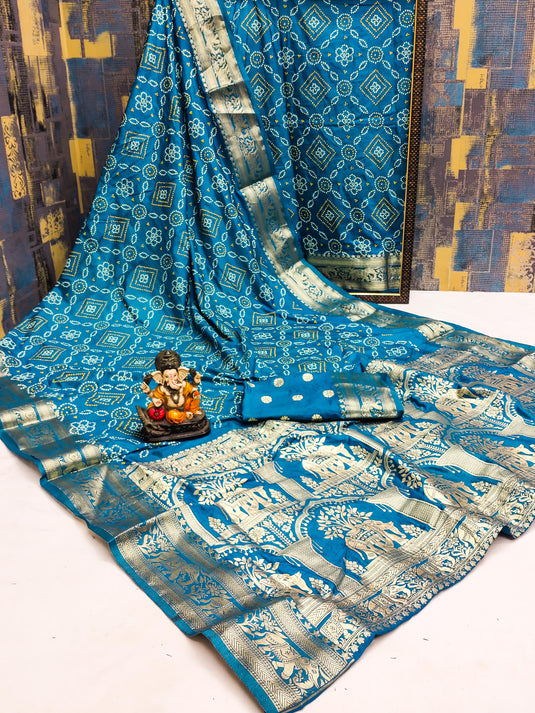 Sky Blue Blue Premium Dola Silk Traditional Bandej Saree With Zari Weaving Border