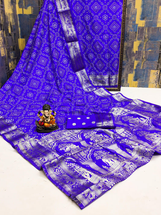 Royal Blue Premium Dola Silk Traditional Bandej Saree With Zari Weaving Border