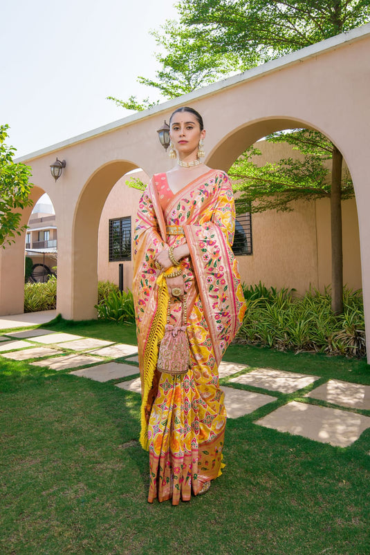 Yellow Banarasi Soft Silk Paithani Patola Saree