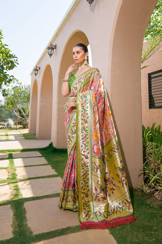 Orange Banarasi Soft Silk Paithani Patola Saree