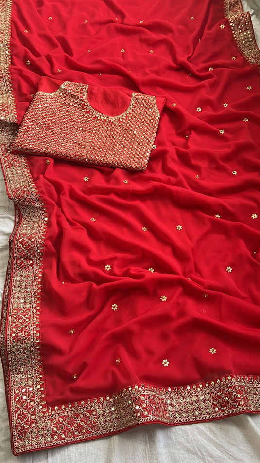 Red Bollywood Inspired Premium Georgette Sequence Embroidered Saree