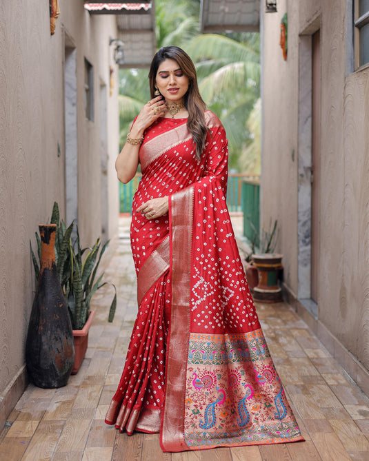 Red Premium Dola Silk Traditional Bandej Saree With Zari Weaving Border