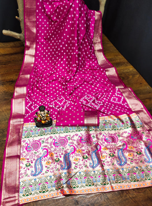 Pink Premium Dola Silk Traditional Bandej Saree With Zari Weaving Border