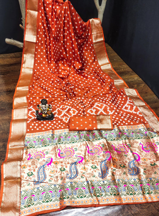 Orange Premium Dola Silk Traditional Bandej Saree With Zari Weaving Border