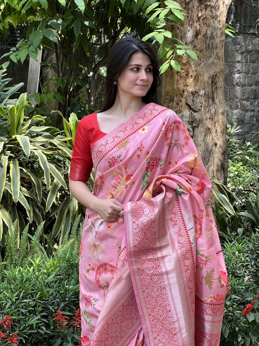 Pink Soft Banarasi Silk Floral Digital Printed Zari Weaving Border Saree