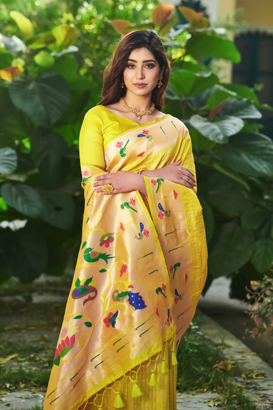 Yellow Banarasi Soft Silk Paithani Zari Weaving Border Traditional Saree