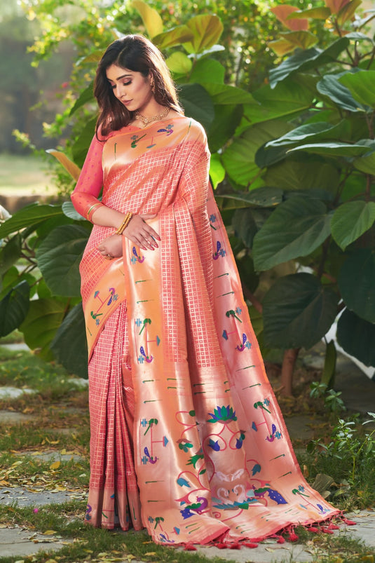 Rose Pink Banarasi Soft Silk Paithani Zari Weaving Border Traditional Saree