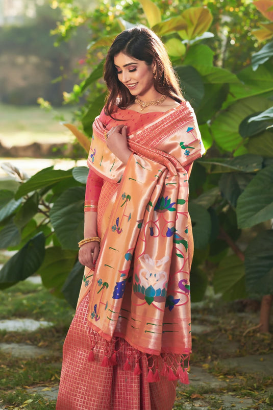 Rose Pink Banarasi Soft Silk Paithani Zari Weaving Border Traditional Saree