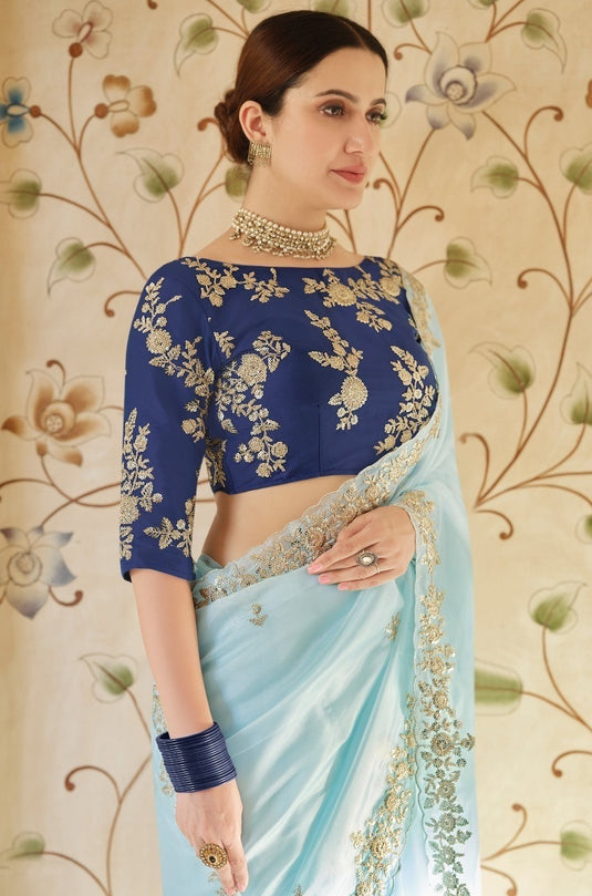 Sky Blue Premium Soft Georgette Cutwork Border Saree