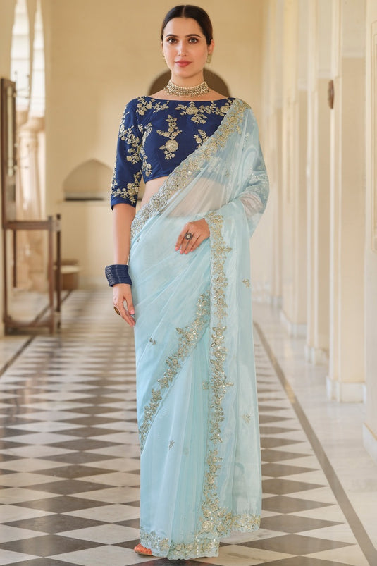 Sky Blue Premium Soft Georgette Cutwork Border Saree