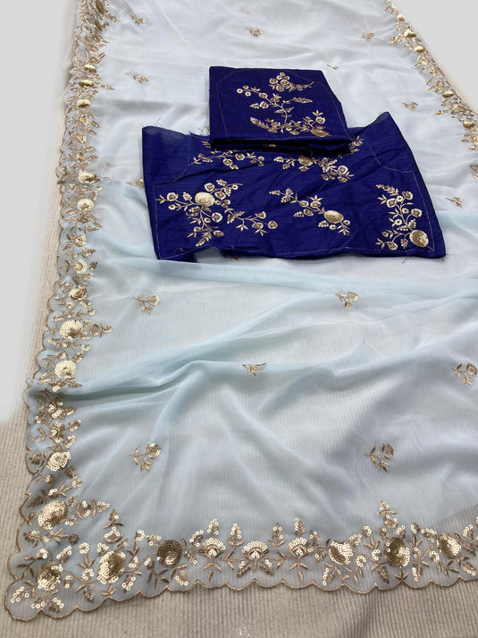 Sky Blue Premium Soft Georgette Cutwork Border Saree