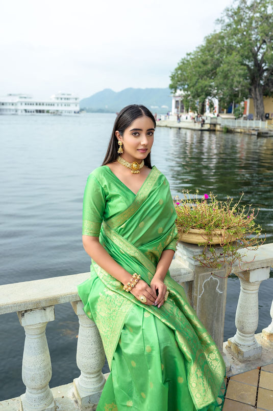 Parrot Green Premium Soft Silk Zari Weaving Saree