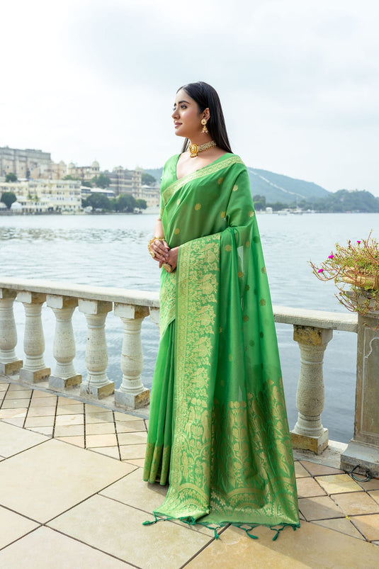 Parrot Green Premium Soft Silk Zari Weaving Saree