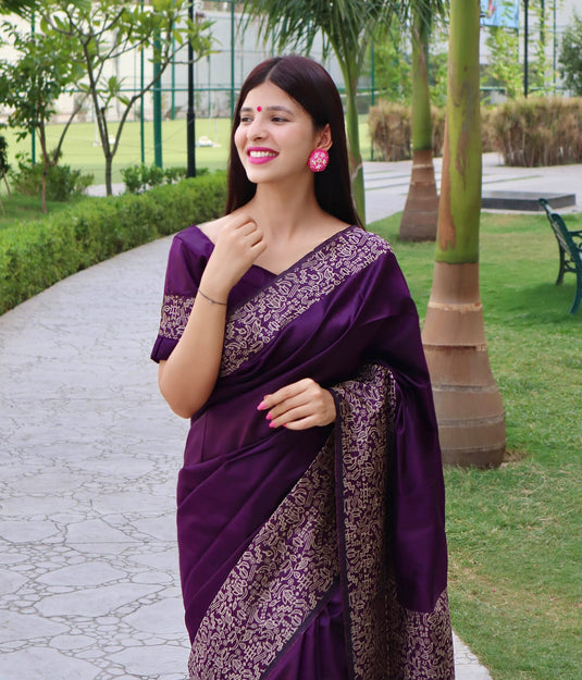 Purple Elegant Handloom Raw Silk Rich Weaving Pallu Saree