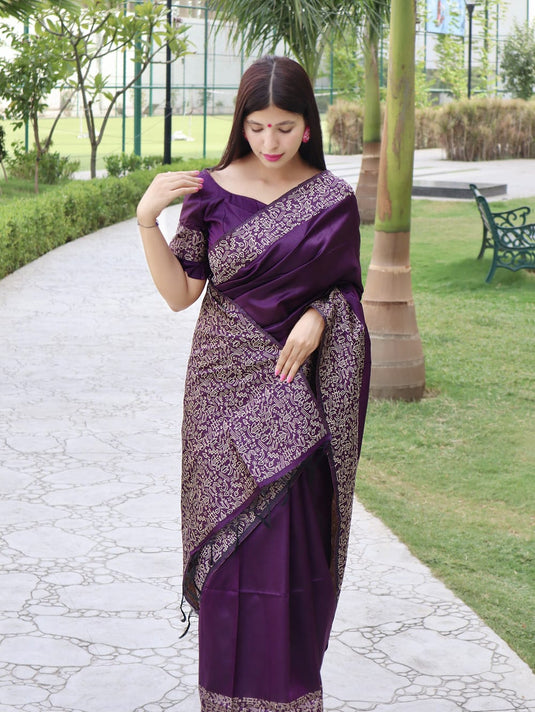 Purple Elegant Handloom Raw Silk Rich Weaving Pallu Saree