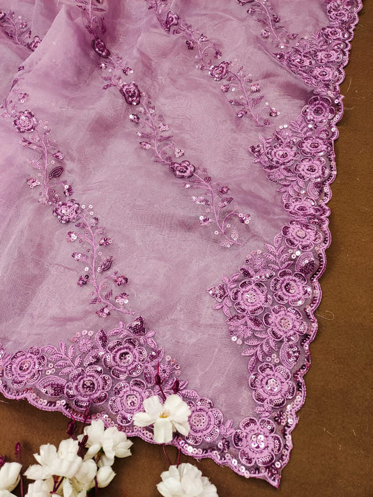 Lavender Organza Silk Thread And Sequence Embroidered Work Saree