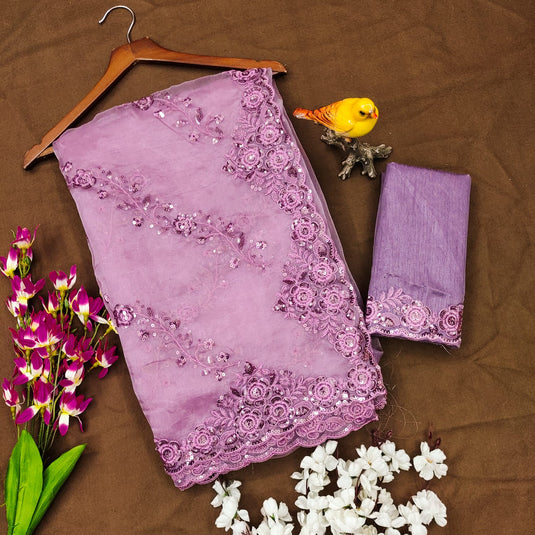 Lavender Organza Silk Thread And Sequence Embroidered Work Saree