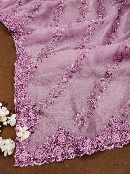 Lavender Organza Silk Thread And Sequence Embroidered Work Saree