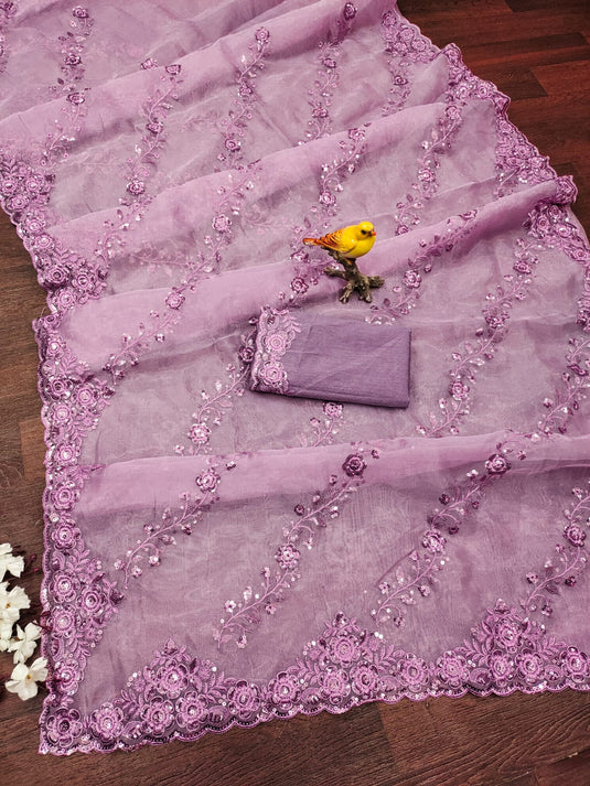 Lavender Organza Silk Thread And Sequence Embroidered Work Saree