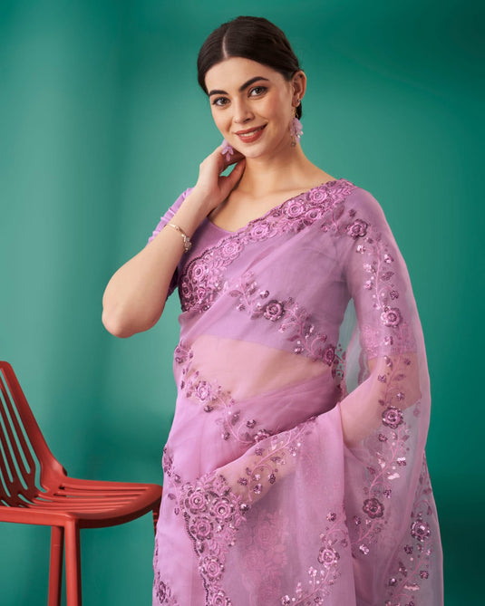 Lavender Organza Silk Thread And Sequence Embroidered Work Saree