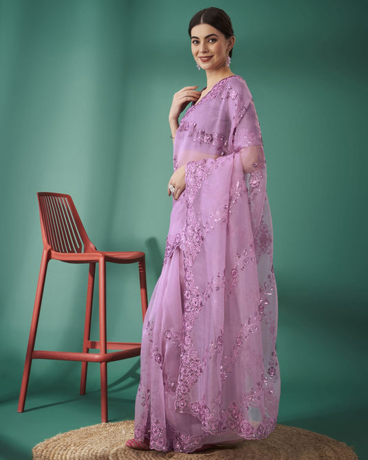 Lavender Organza Silk Thread And Sequence Embroidered Work Saree