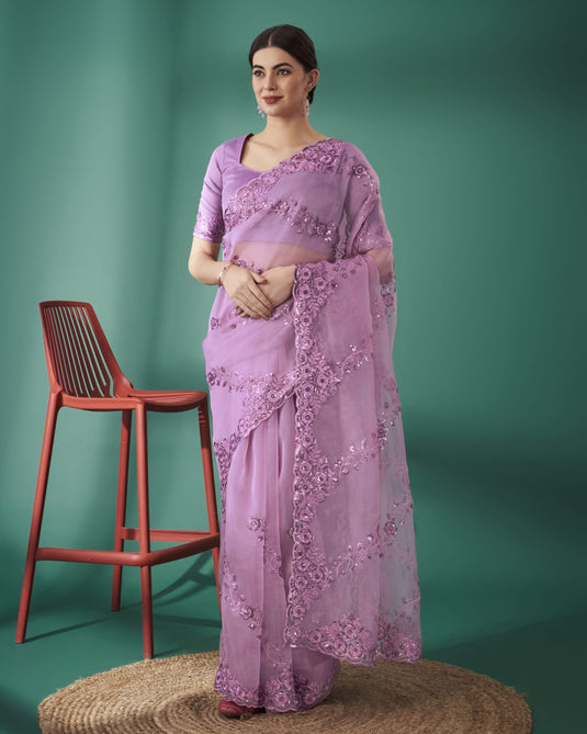 Lavender Organza Silk Thread And Sequence Embroidered Work Saree