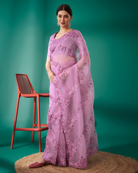 Lavender Organza Silk Thread And Sequence Embroidered Work Saree