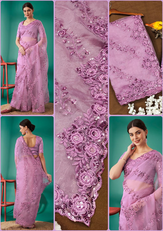 Lavender Organza Silk Thread And Sequence Embroidered Work Saree