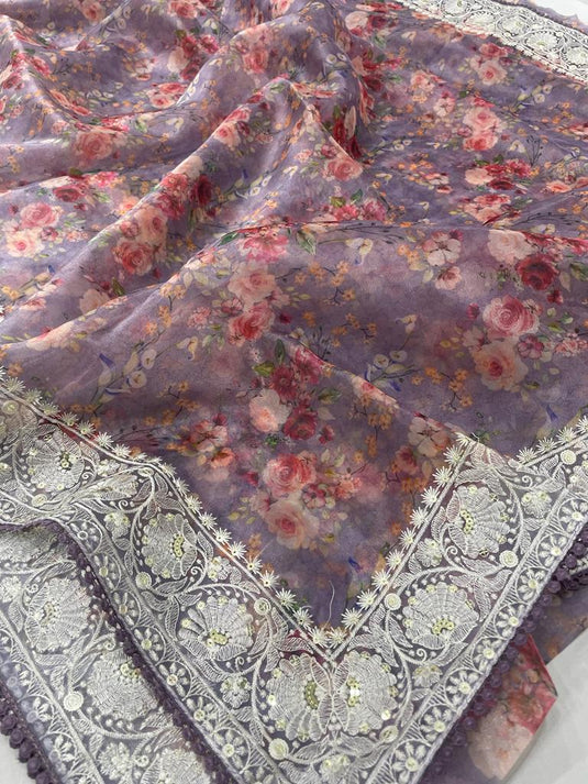 Purple Soft Organza Silk Floral Printed Designer Saree