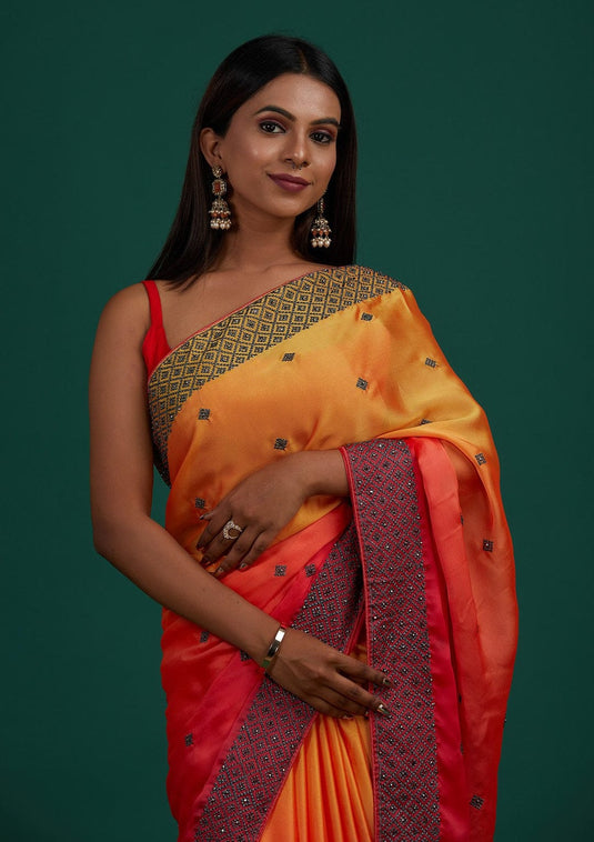 Red Soft Bamber Silk Ombre Swaroski Work Saree