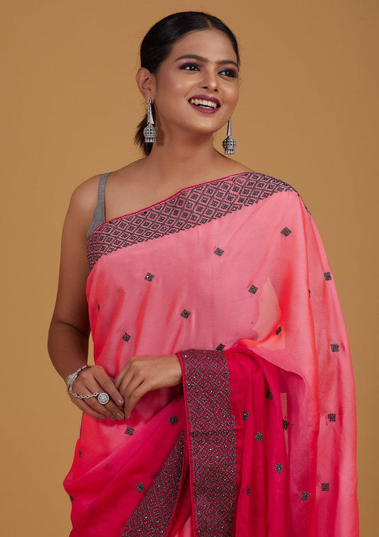 Pink Soft Bamber Silk Ombre Swaroski Work Saree