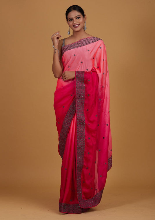 Pink Soft Bamber Silk Ombre Swaroski Work Saree