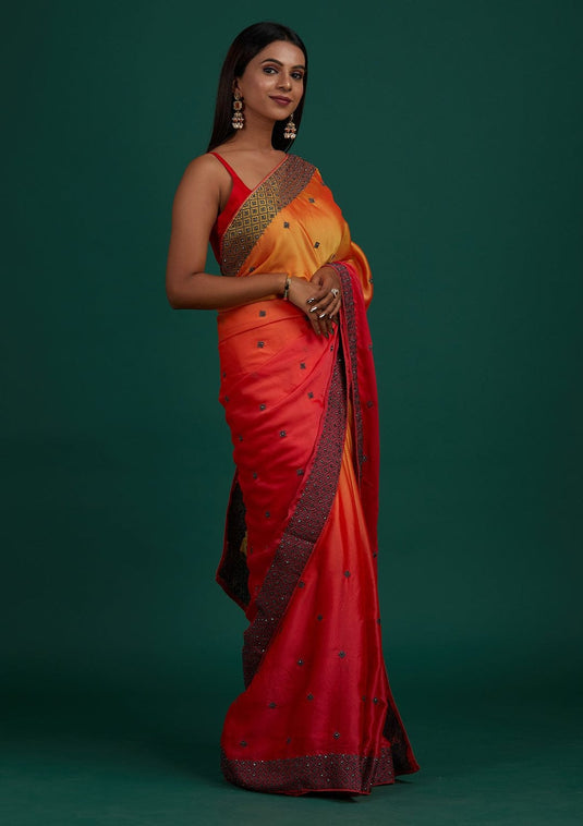 Red Soft Bamber Silk Ombre Swaroski Work Saree