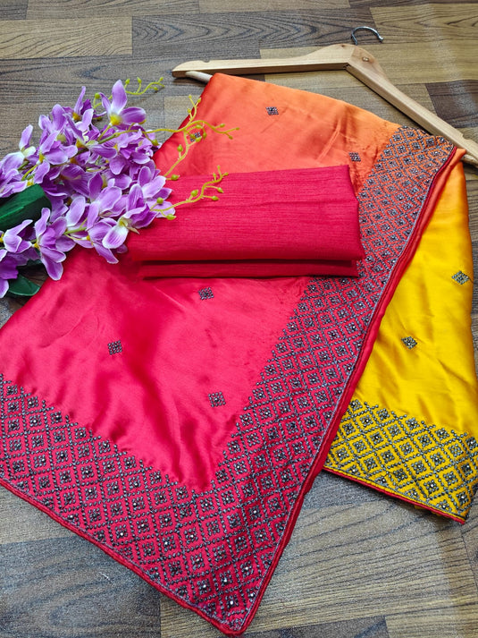 Red Soft Bamber Silk Ombre Swaroski Work Saree