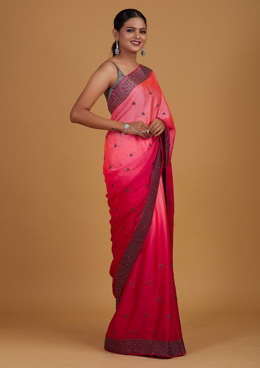 Pink Soft Bamber Silk Ombre Swaroski Work Saree