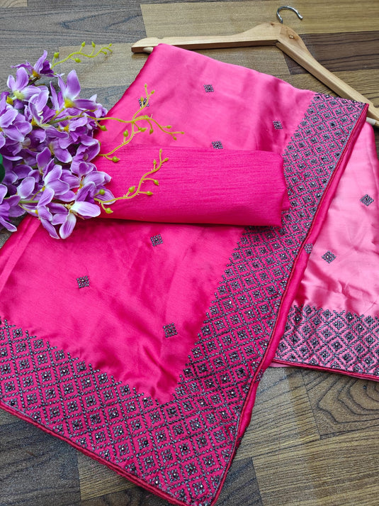 Pink Soft Bamber Silk Ombre Swaroski Work Saree