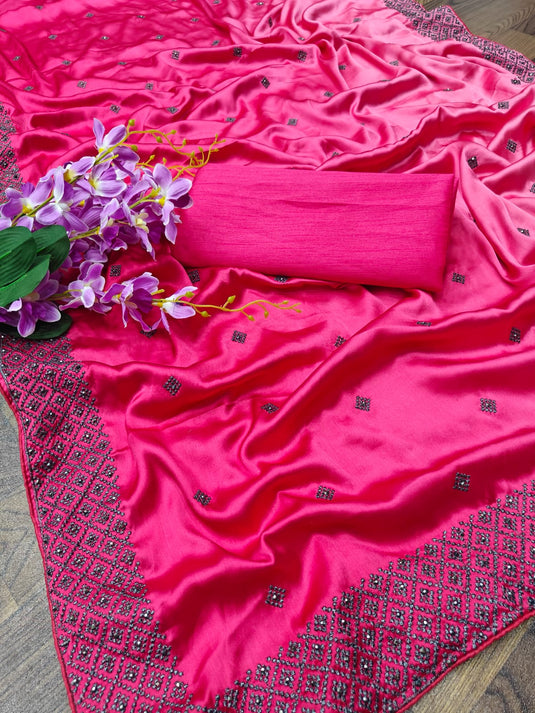 Pink Soft Bamber Silk Ombre Swaroski Work Saree