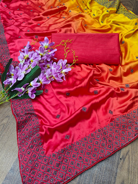 Red Soft Bamber Silk Ombre Swaroski Work Saree