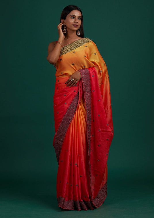 Red Soft Bamber Silk Ombre Swaroski Work Saree