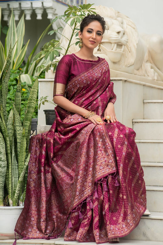 Wine Tussar Silk Jamdani Weaving Zari Woven Saree