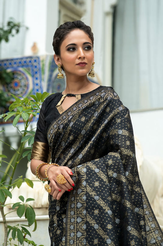 Black Tussar Silk Jamdani Weaving Zari Woven Saree